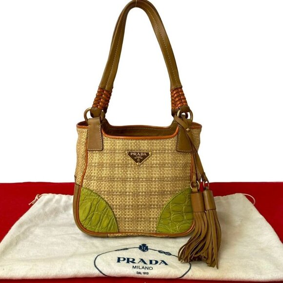 Prada Handbags - Prada Triangle Logo Hardware Raffia Leather Studded Tassel